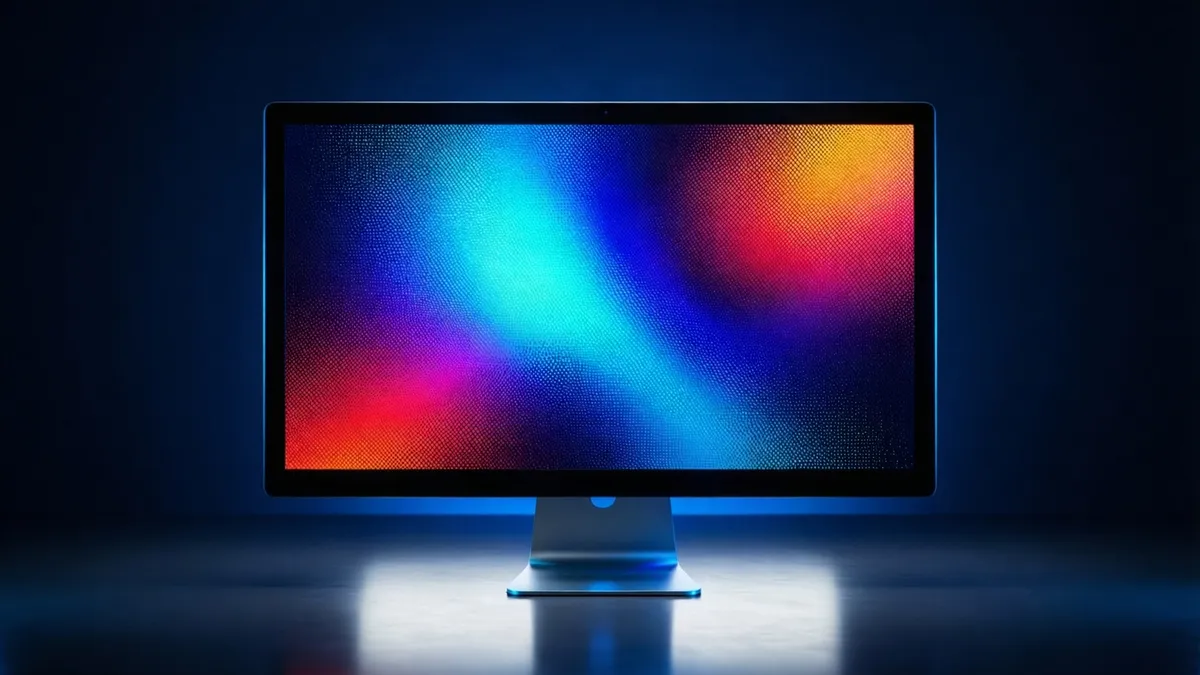 Monitor genérico con degradados abstractos y textura de píxeles sobre un fondo técnico oscuro