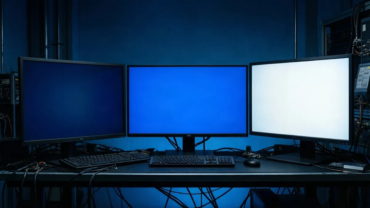 Tres monitores genéricos de distintas proporciones sobre un escritorio técnico oscuro