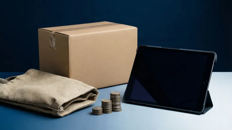 Un paquete de cartón marrón, bolsa de tela beige, pilas de monedas y tableta negra sobre superficie azul.