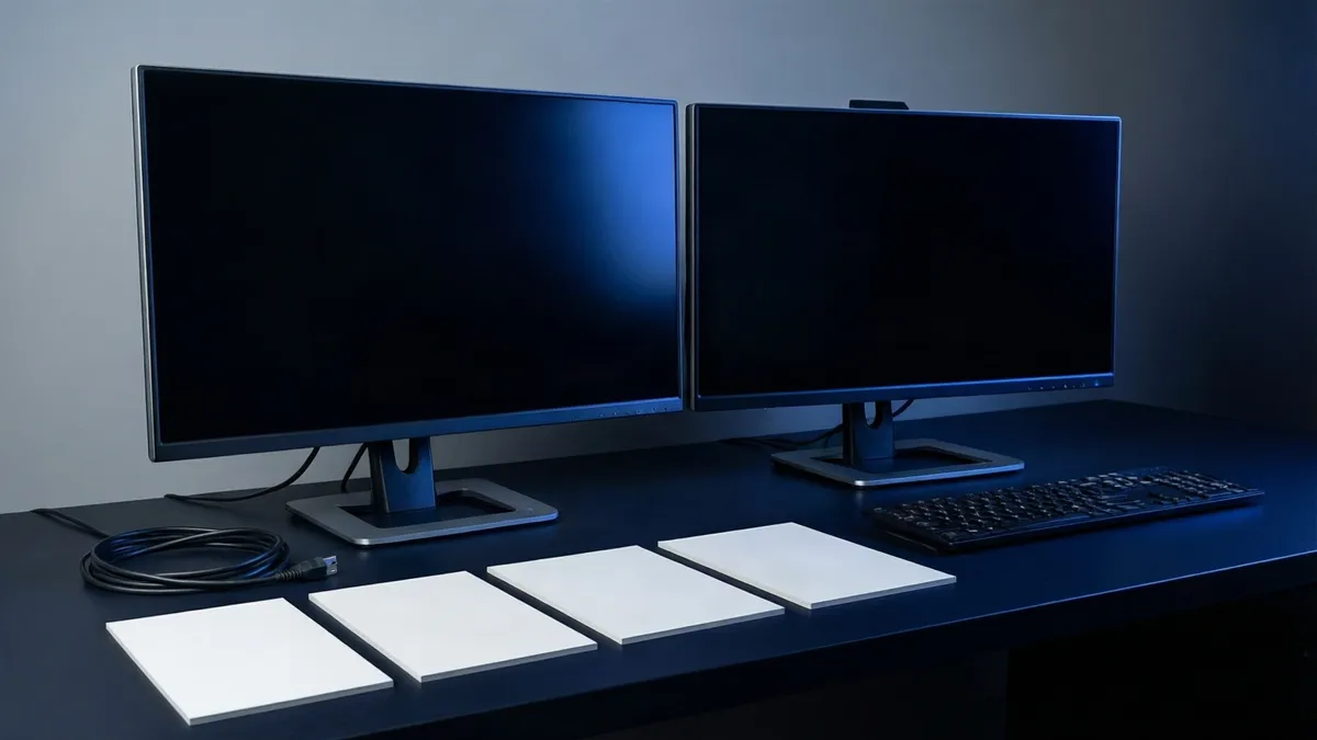 Dos monitores negros y un teclado reposan sobre un escritorio oscuro, acompañados por cuatro tarjetas blancas rectangulares.