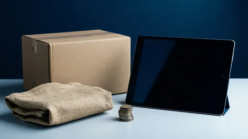 Caja de cartón marrón, paño de arpillera, pila de monedas y tableta negra sobre superficie blanca con fondo azul oscuro.