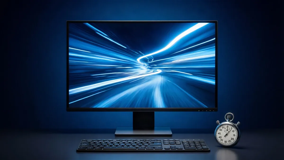 Monitor genérico con reflejo abstracto de movimiento y teclado sobre una mesa oscura