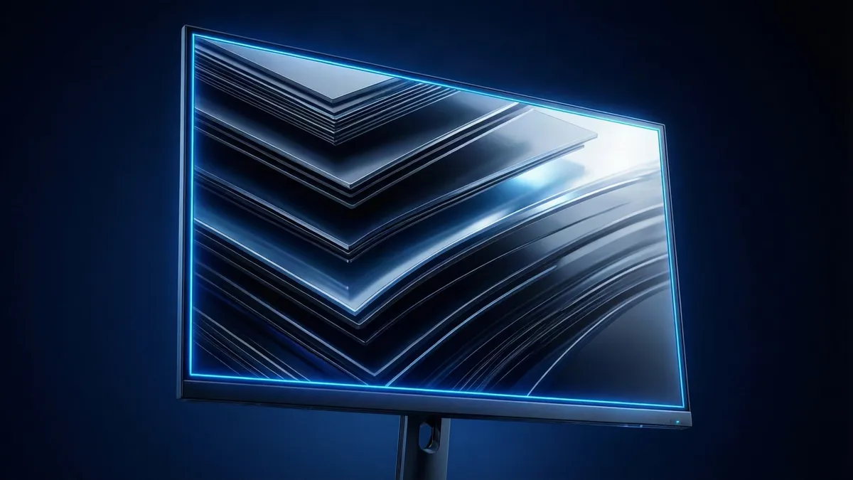 Monitor genérico inclinado con capas abstractas de panel y reflejos azules