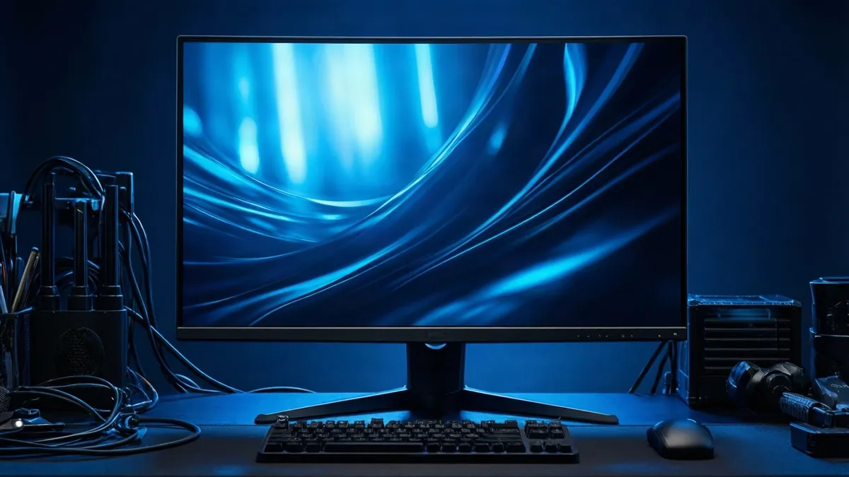 Monitor genérico de alta frecuencia sobre un escritorio oscuro con reflejos azules