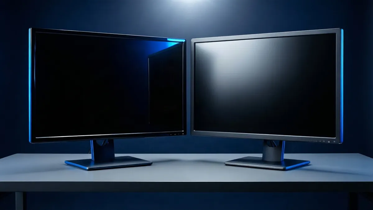 Dos monitores negros con iluminación azul se encuentran sobre una mesa gris bajo una luz cenital, contra un fondo oscuro.