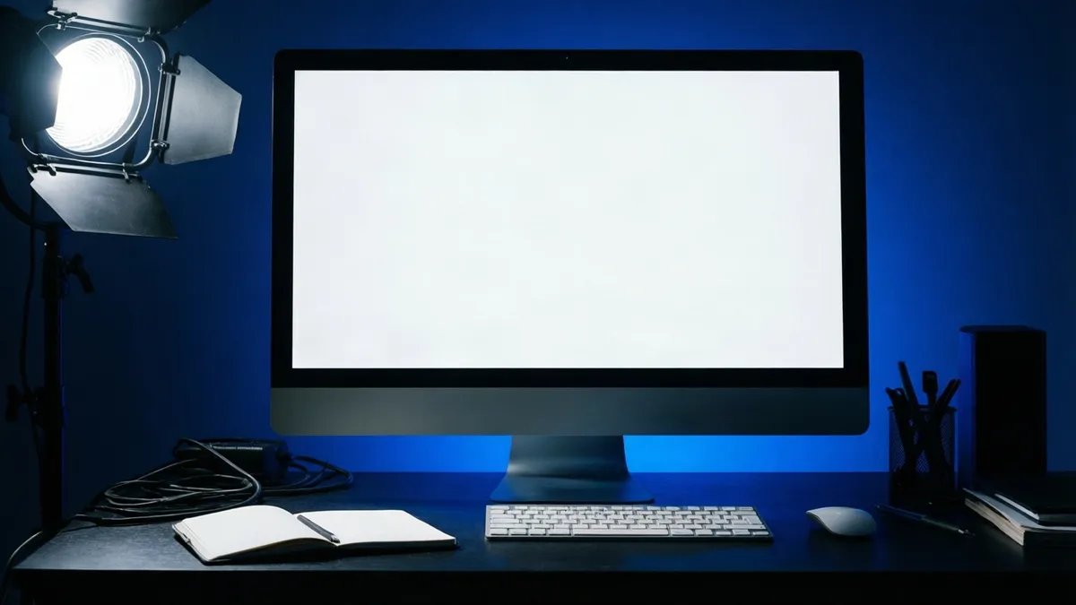 Monitor junto a teclado y cuaderno sobre un escritorio técnico ordenado